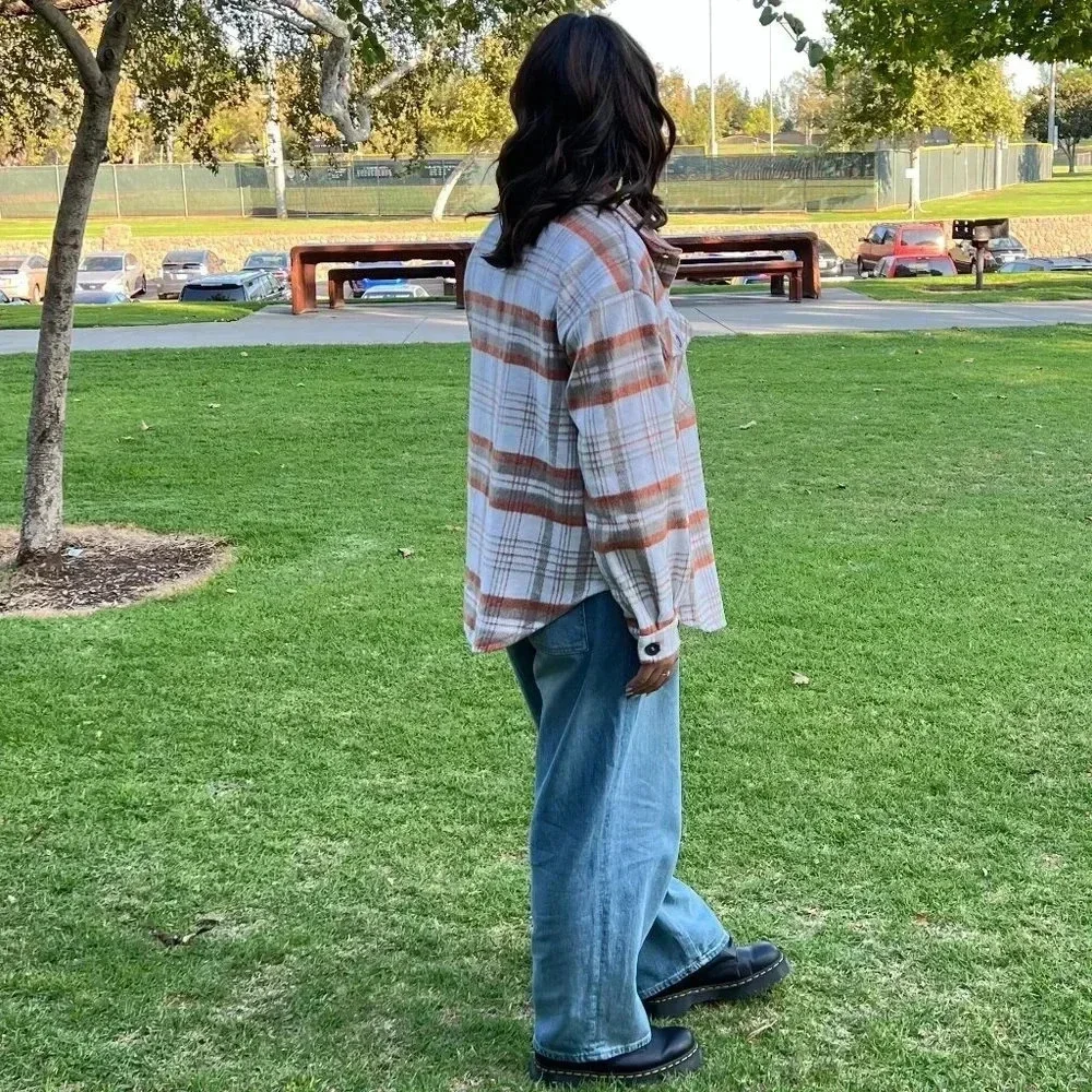 Plaid Flannel Shacket Oversized Khaki Oatmeal Thick Soft Cozy Material Pockets